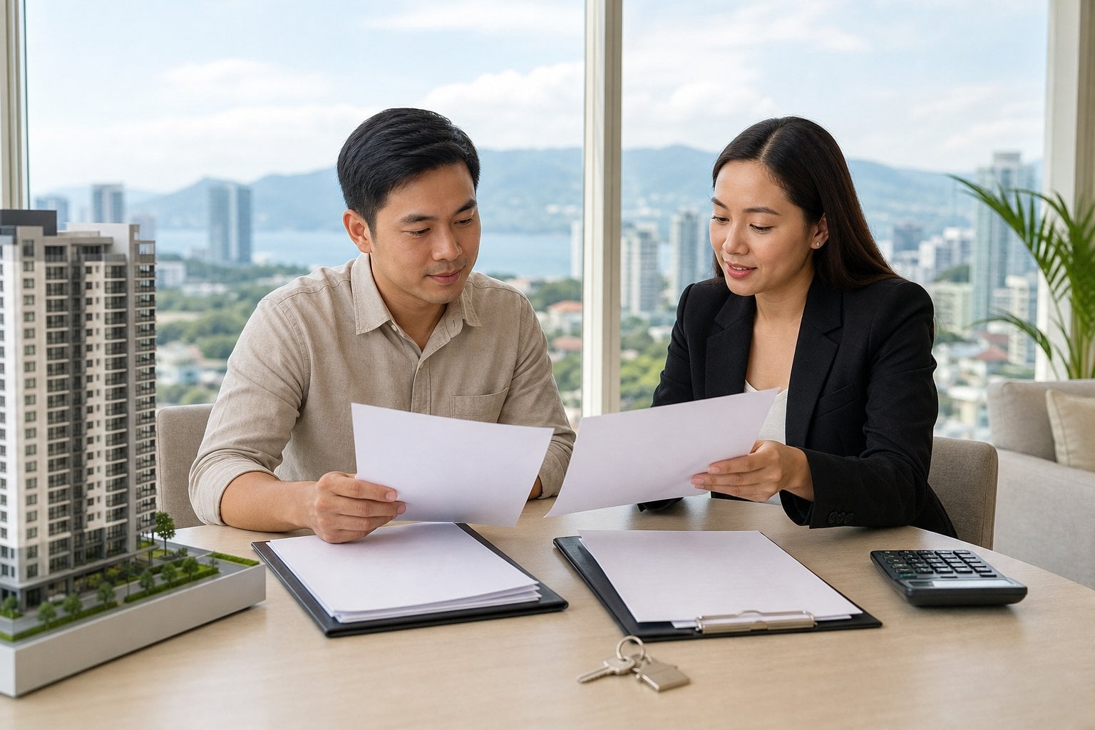 A Filipino buyer reviews property documents with a real estate professional at a table in a modern Cebu property office.
