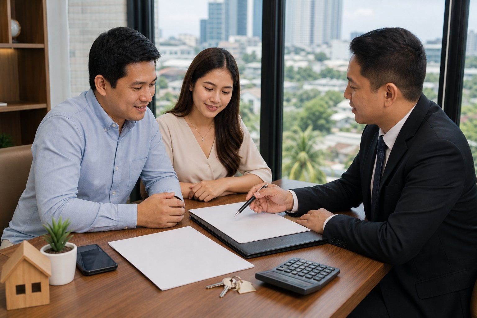 A Filipino couple reviews property documents with a real estate professional at a table in a modern Cebu office.