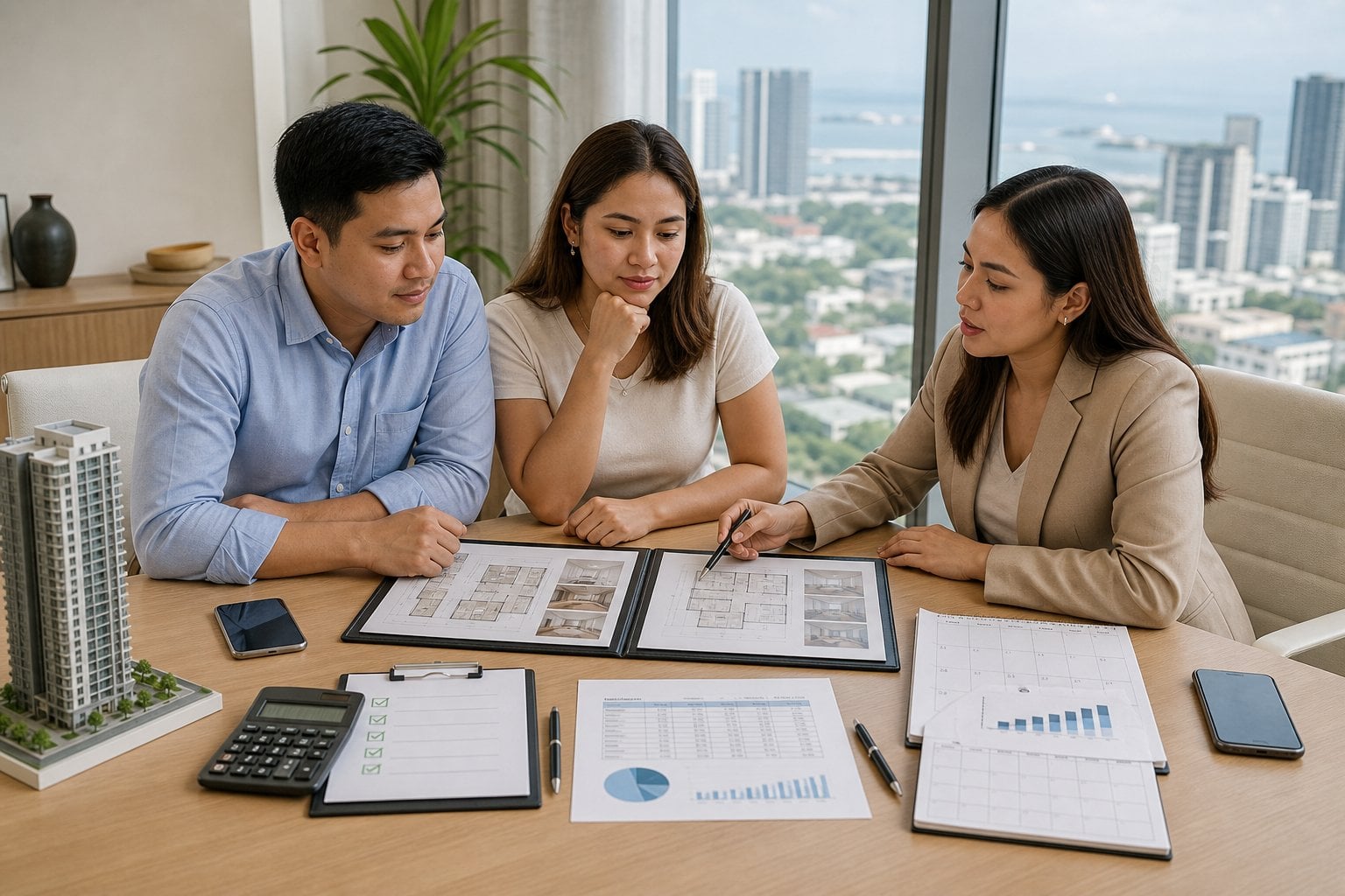 A Filipino couple compares property documents and payment plans with a real estate adviser in a bright office.