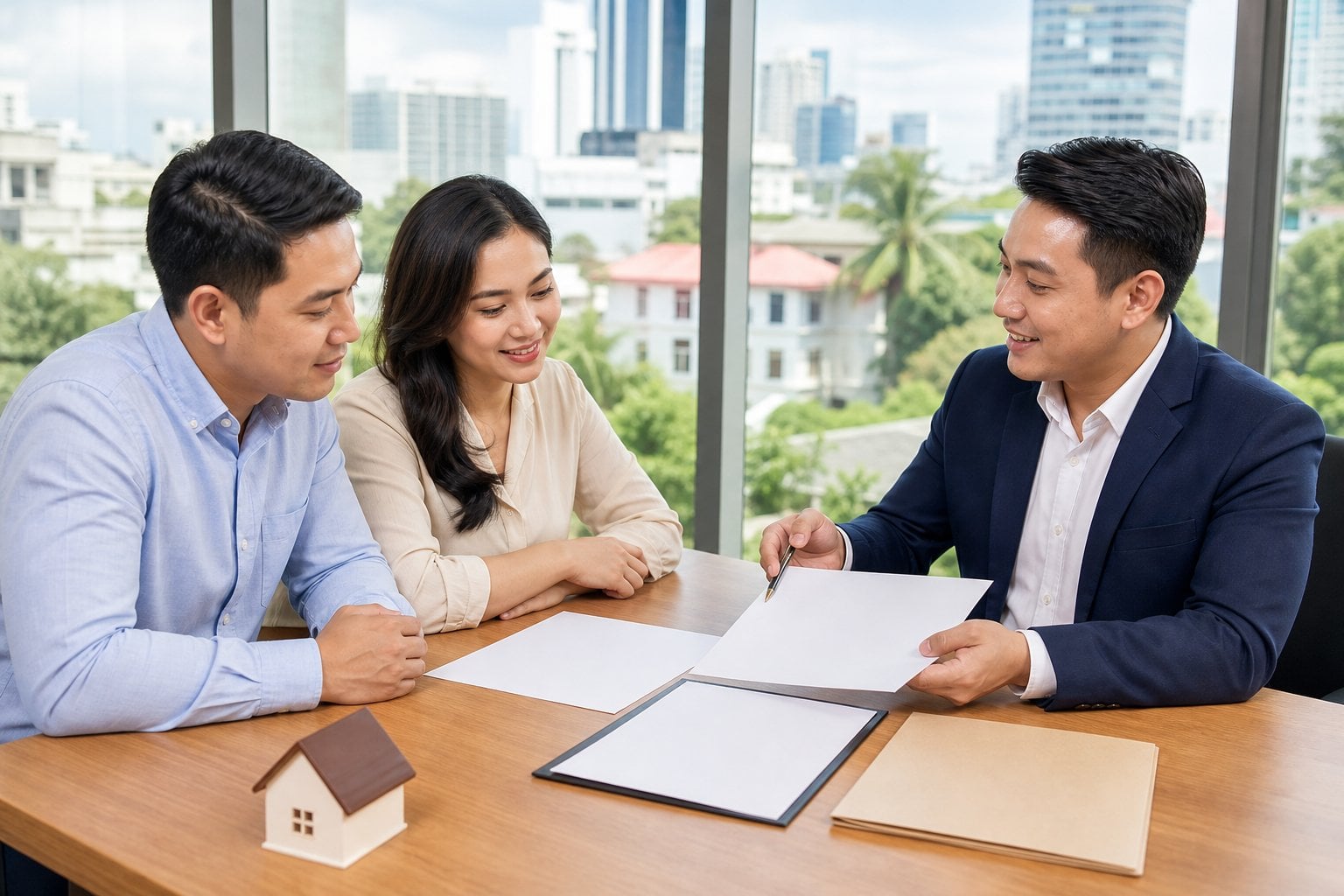 A Filipino couple reviews blank property documents with a real estate adviser in a bright office.