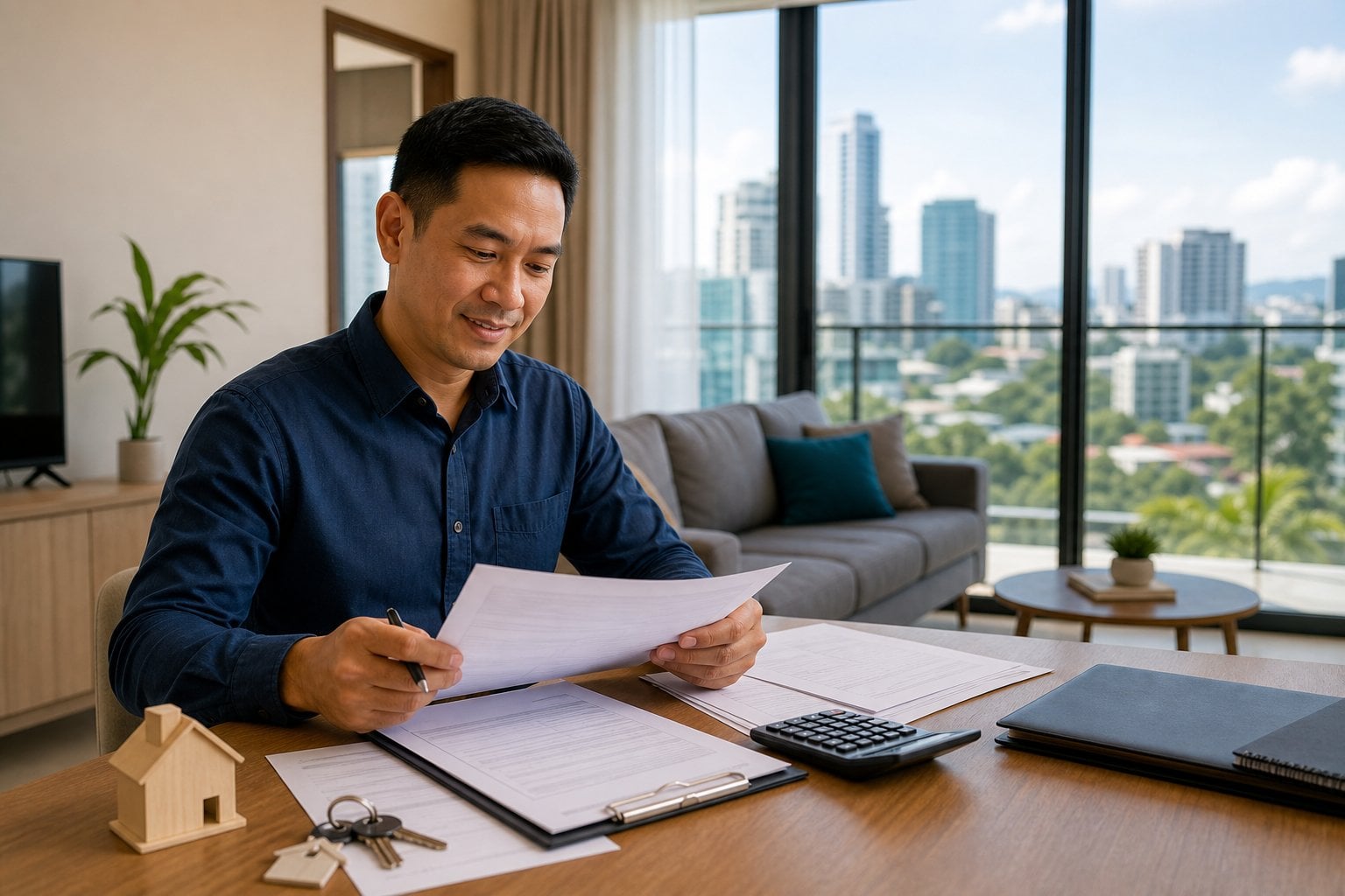 A Cebu landlord reviews rental documents and receipts at a table inside a modern apartment.