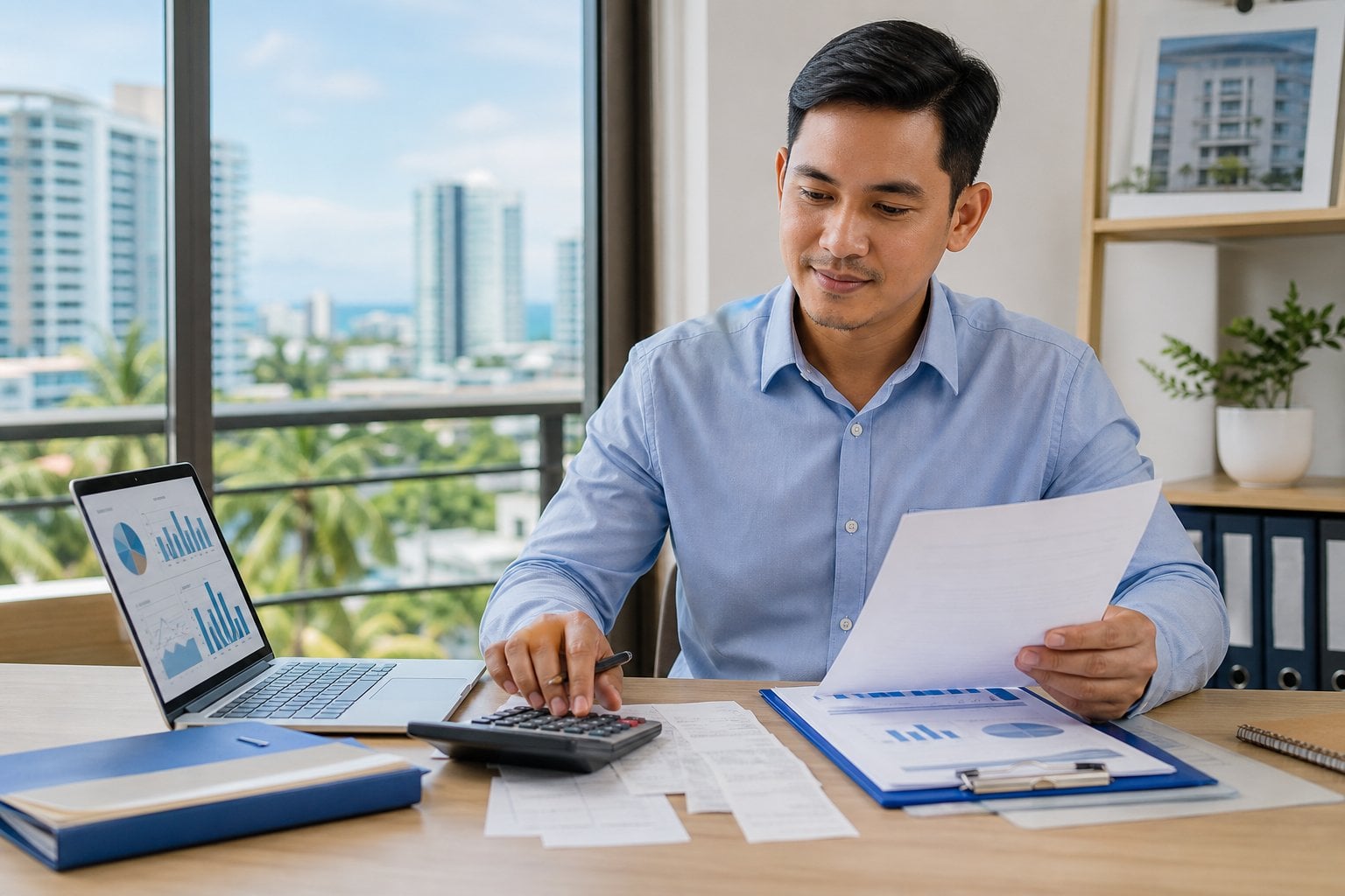 A Filipino landlord reviews rental income documents and calculates finances at a desk in a bright Cebu property setting.