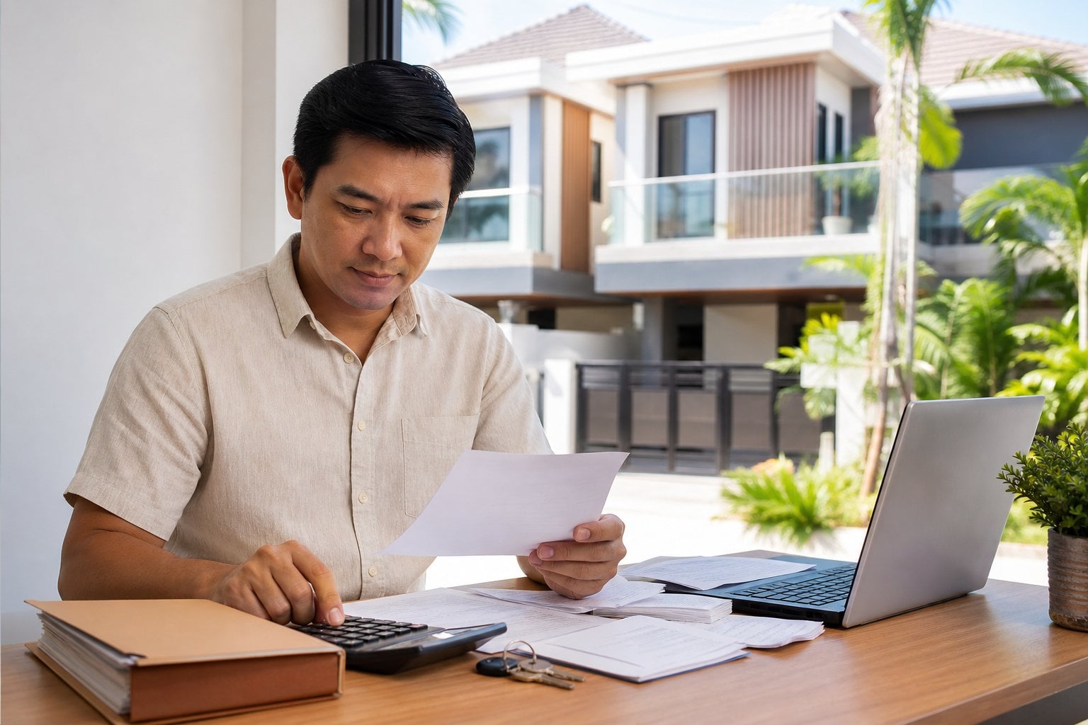A Cebu landlord reviews rental income documents and uses a calculator at a desk beside property keys.