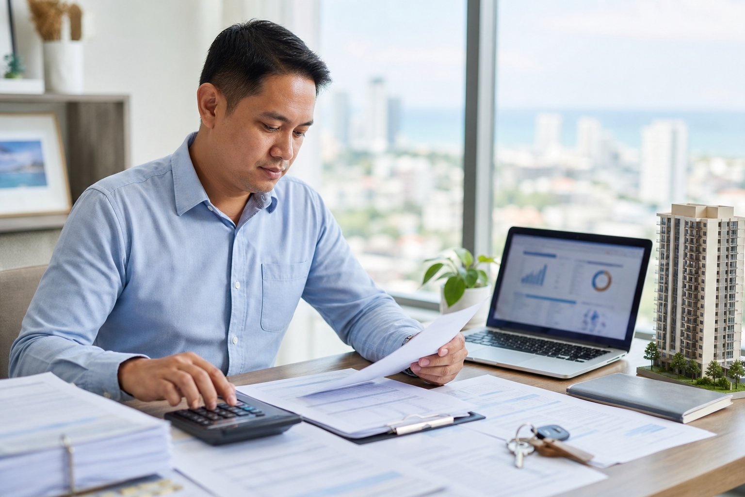 A Cebu landlord reviews rental documents and invoices at a desk with a laptop, calculator, property keys, and a small condominium model.