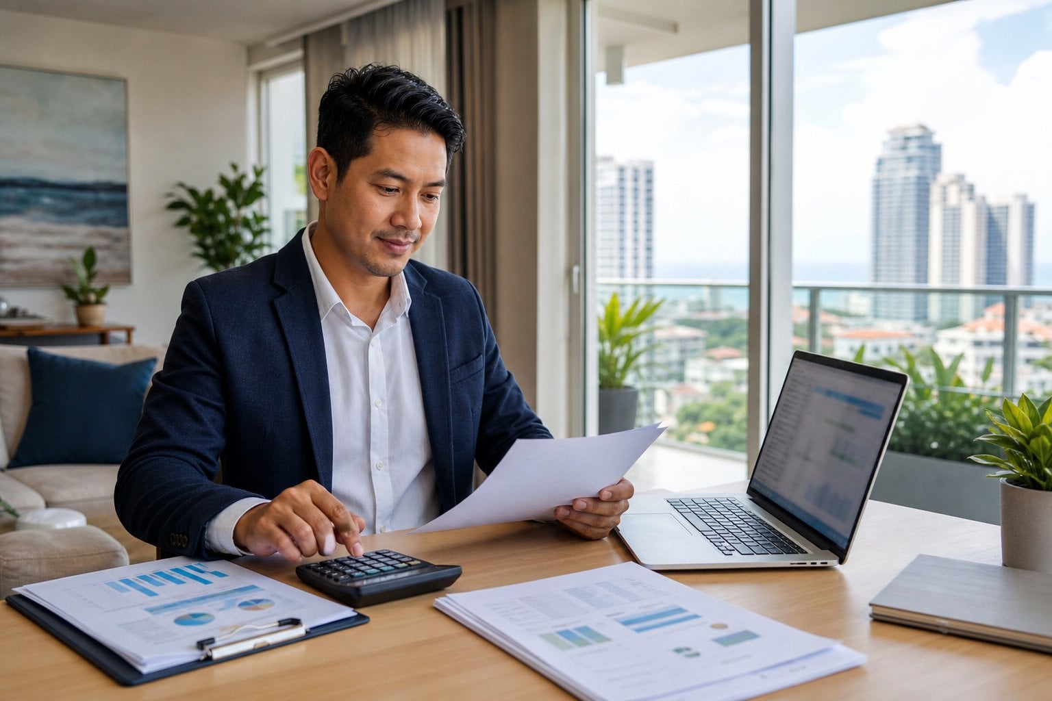 A Cebu landlord reviews rental financial documents at a desk in a bright condominium.