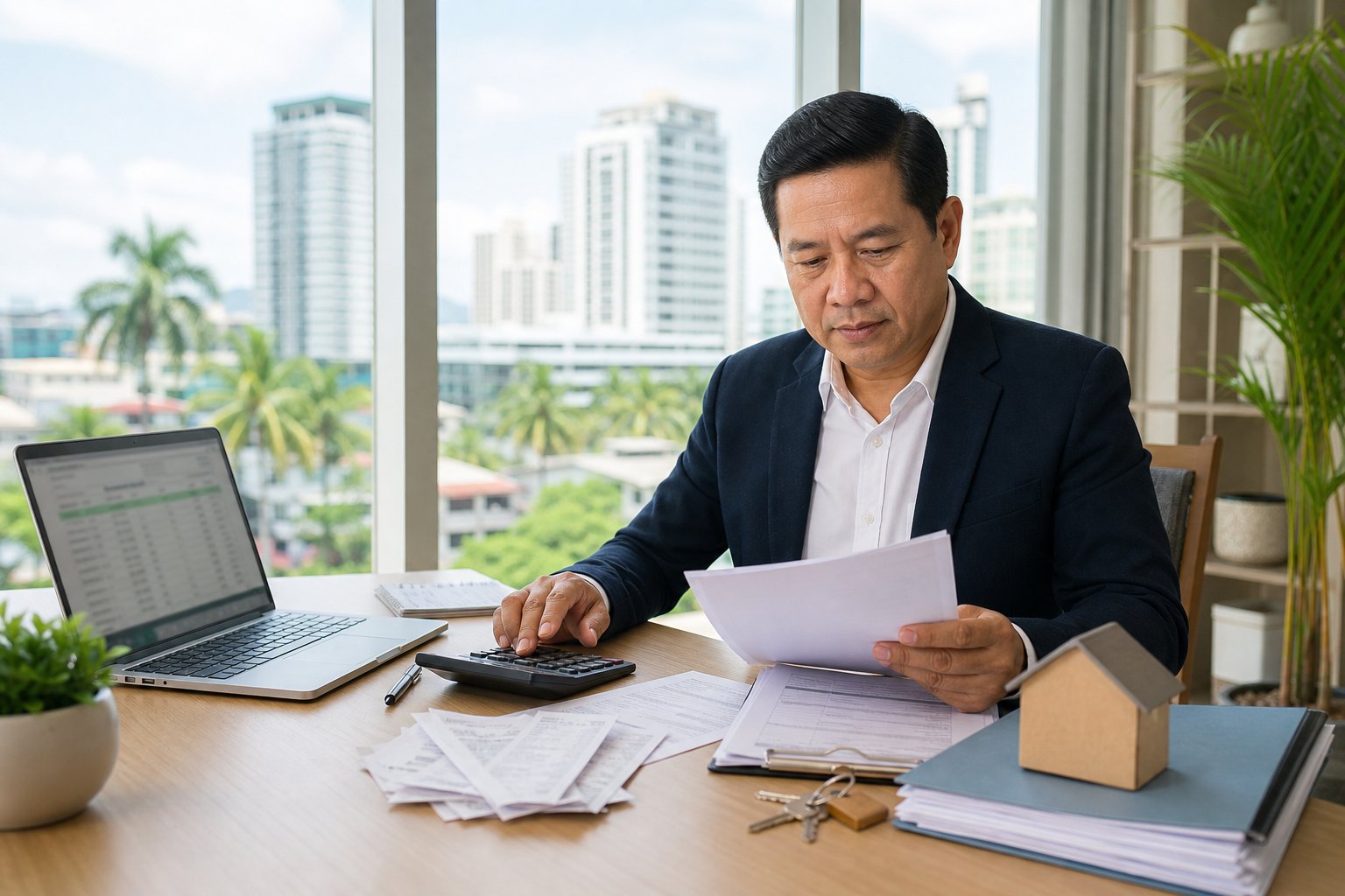 A Filipino landlord reviews rental documents and financial records at a desk in a bright Cebu office.
