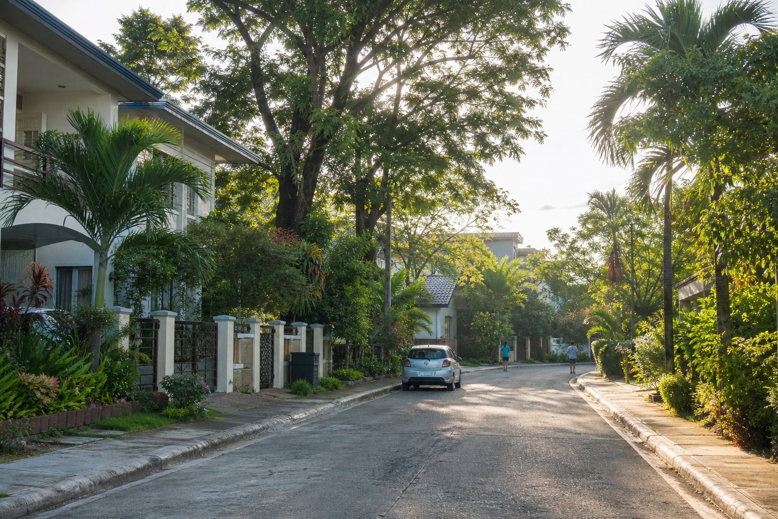 A peaceful tree-lined residential street in Cebu with tropical greenery and low-rise homes.