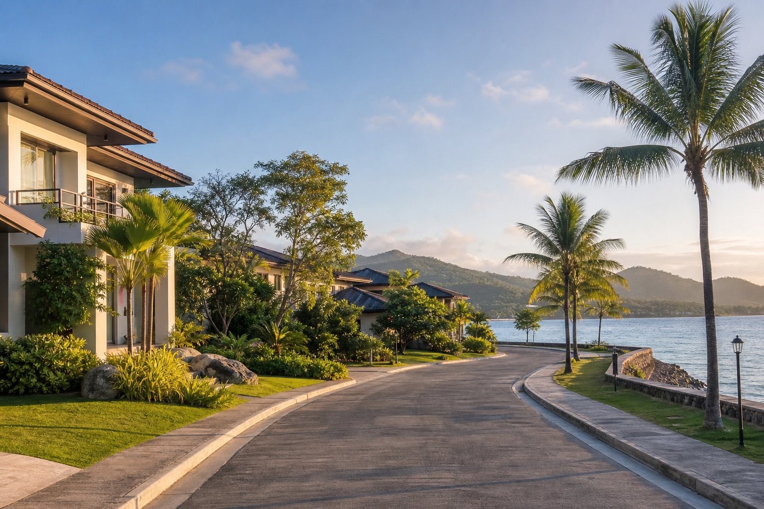 A quiet tropical residential neighborhood in Cebu with lush greenery, a calm sea, and distant hills.