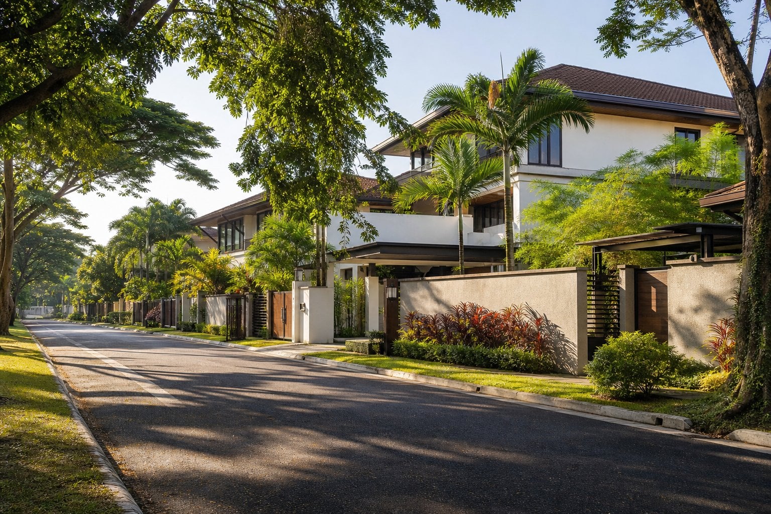 A quiet leafy residential street in Cebu lined with tropical gardens and modern homes.