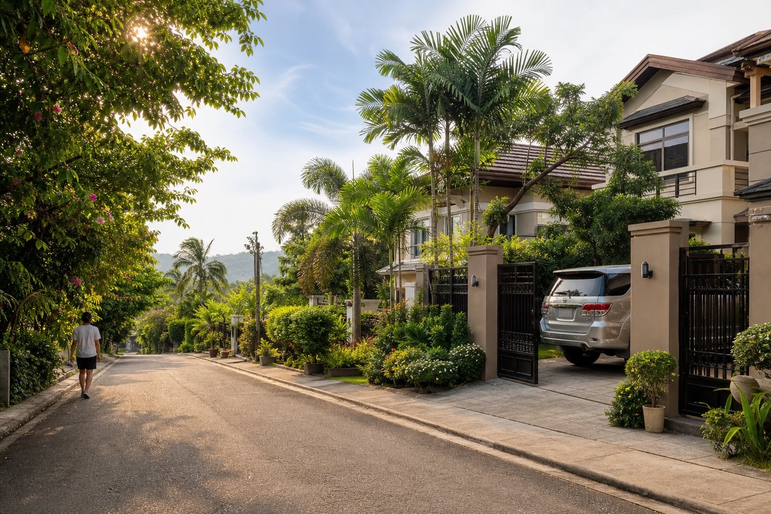 A quiet Cebu residential street lined with tropical greenery and modest modern homes.