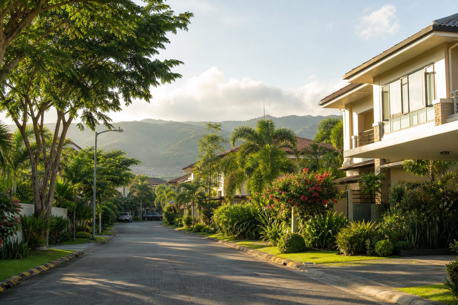 A quiet, leafy residential street in Cebu with tropical plants, modern homes, and distant hills.