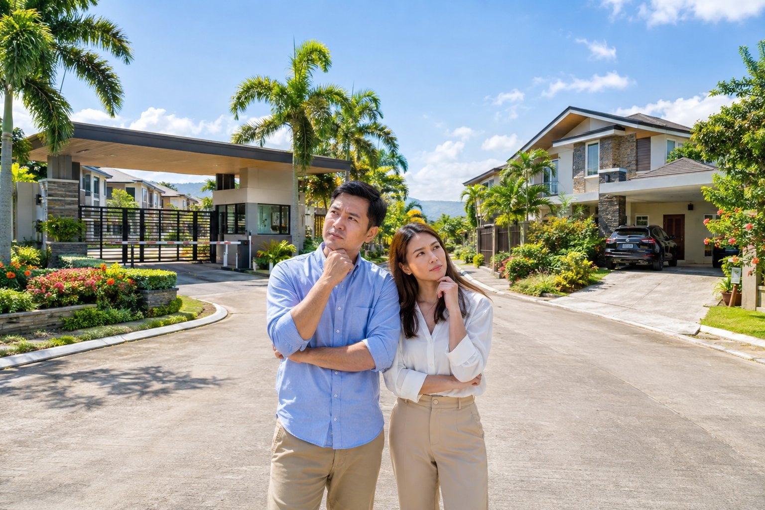 A couple compares a gated residential community with a standalone home in a sunny tropical neighborhood.