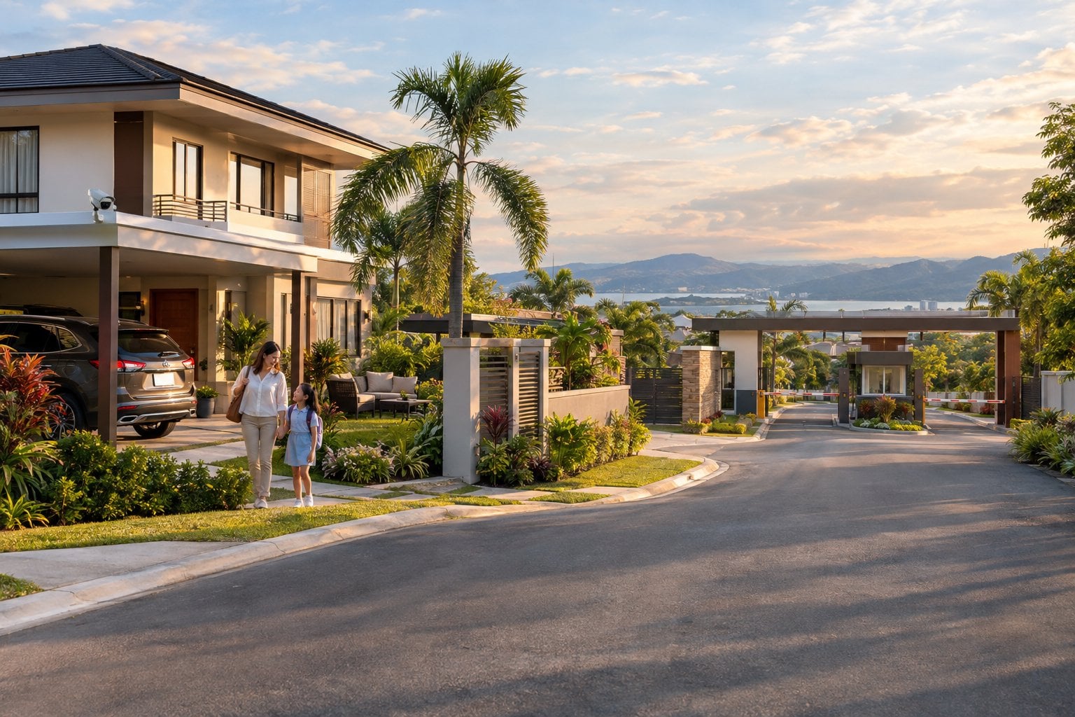 A modern Cebu home beside a secure gated community entrance with tropical landscaping and a family walking nearby.