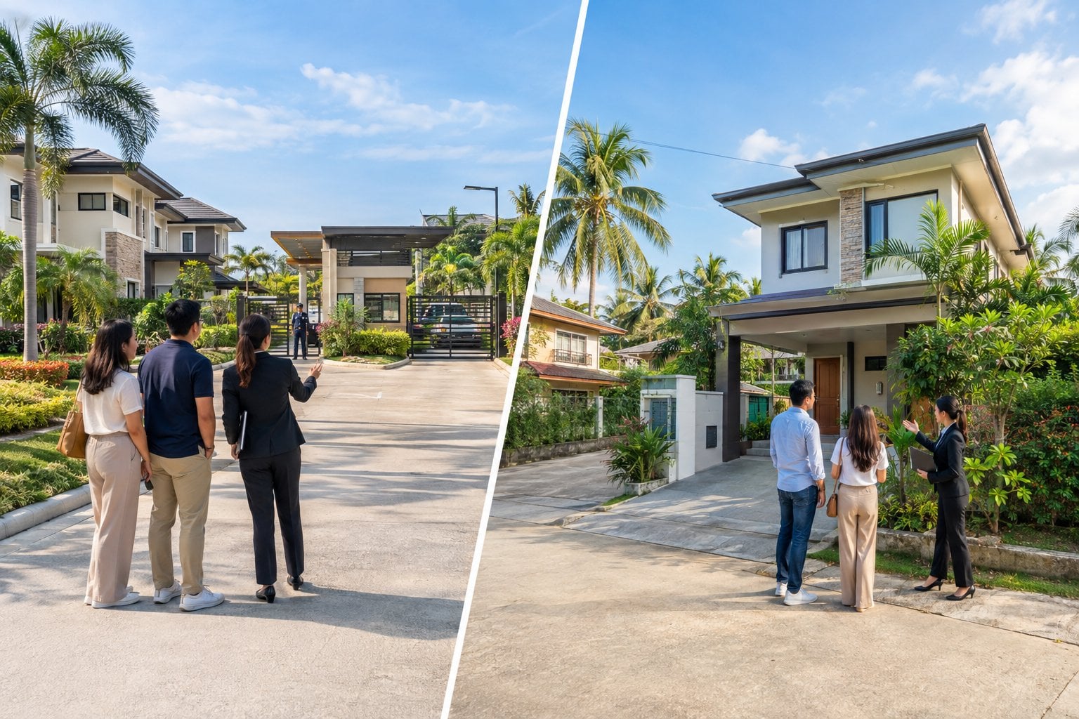 A couple compares a gated residential community with an independent home in a tropical Cebu neighborhood.