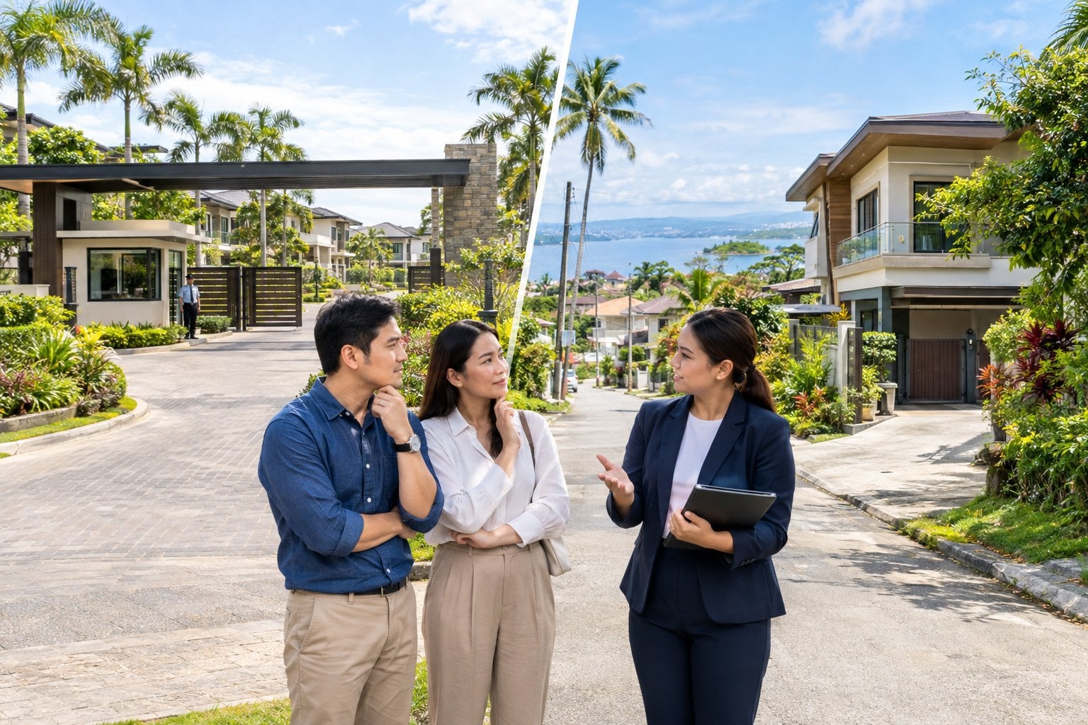 A couple and a real estate adviser compare a gated community entrance with an independent home in a tropical neighborhood.