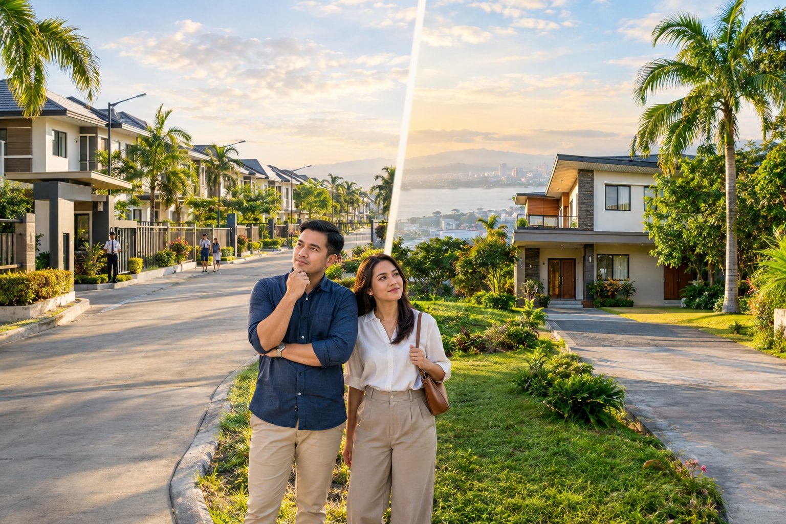 A Filipino couple compares a gated subdivision with a private standalone home in a tropical Cebu neighborhood.