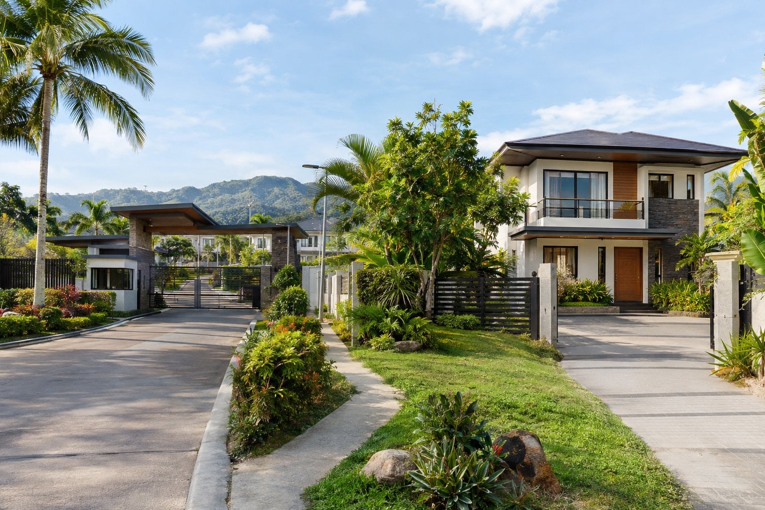 A tropical residential scene showing a gated community beside an independent home.