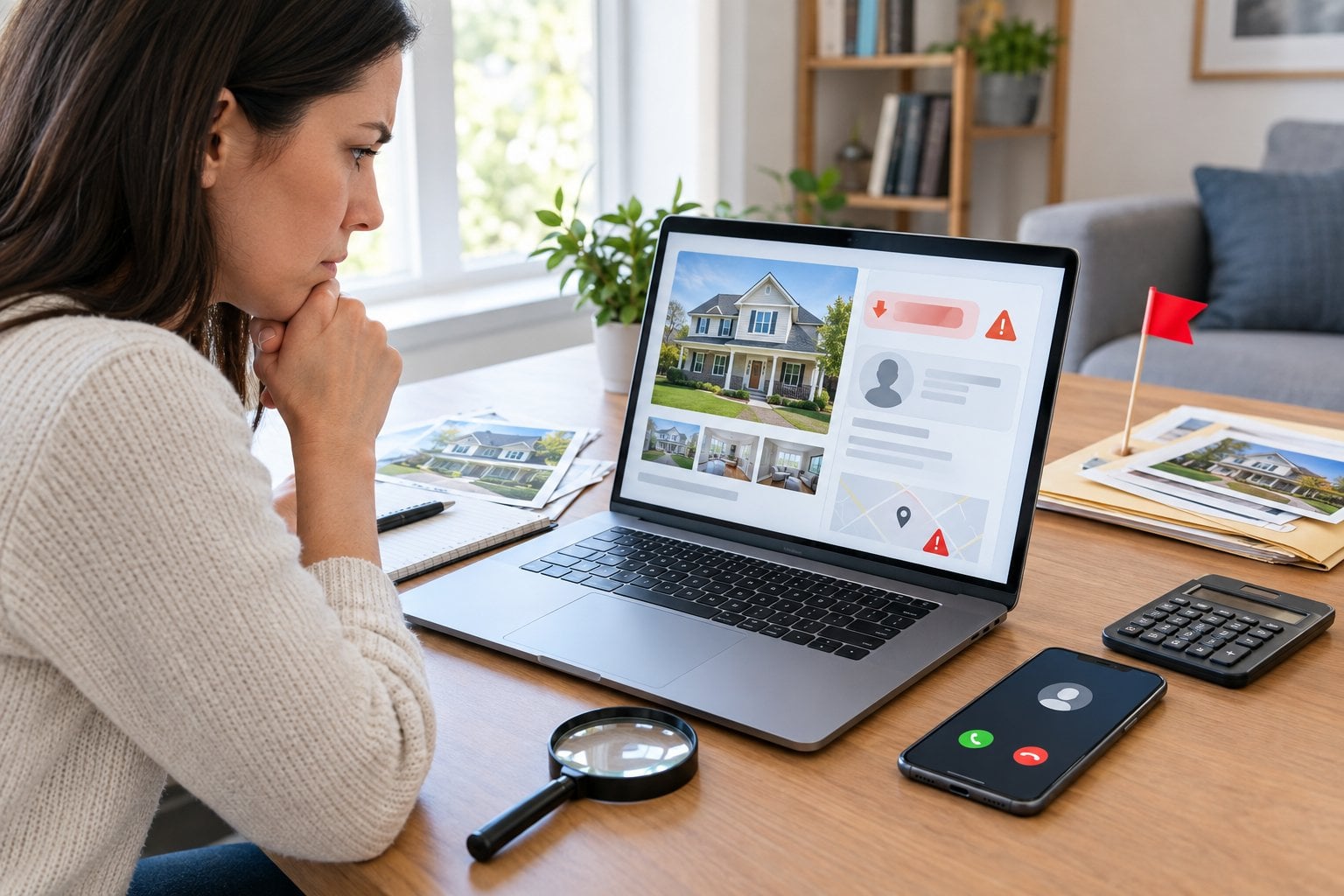 A concerned homebuyer checks a fake property listing on a laptop beside documents and a smartphone.