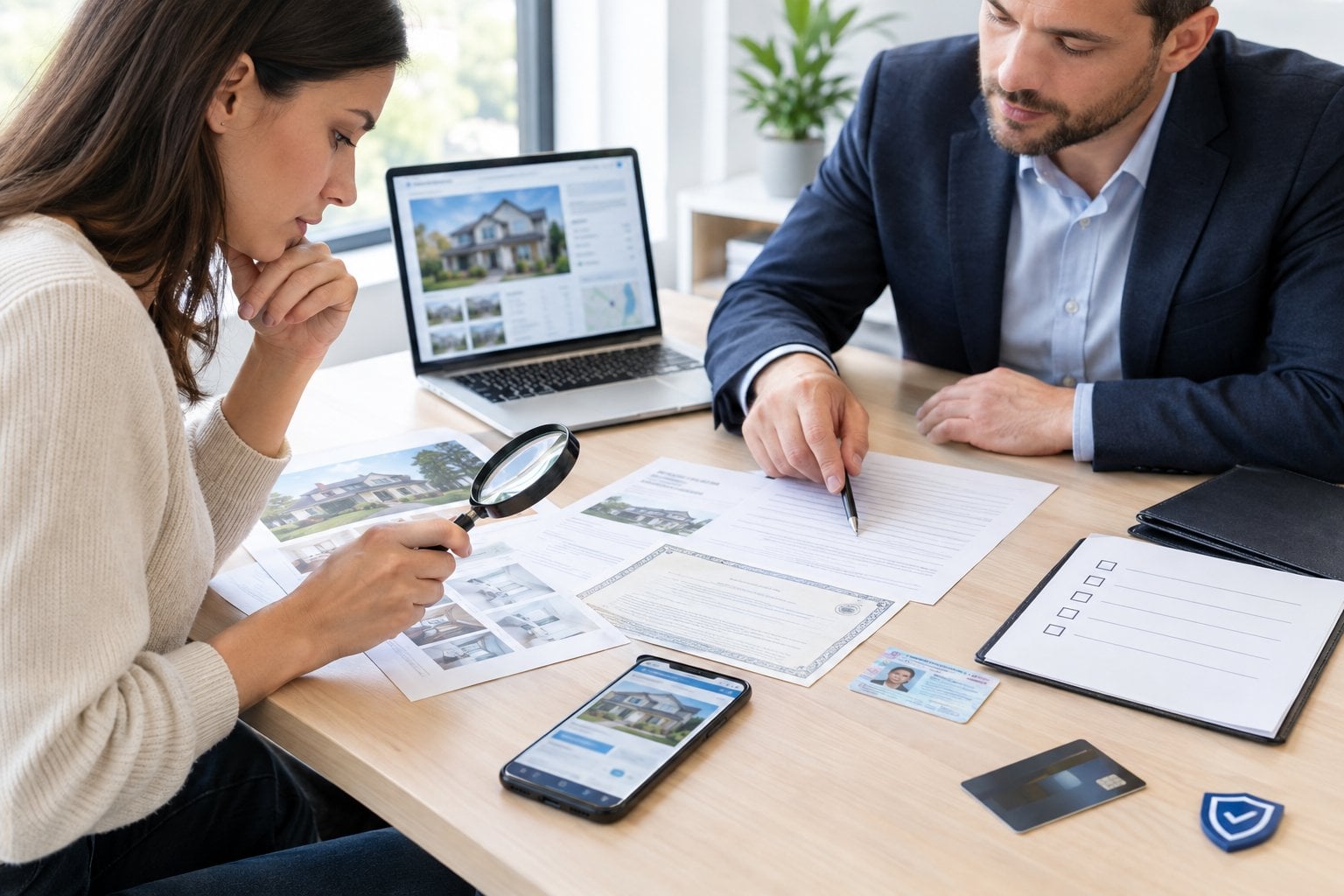 A homebuyer and adviser review property documents and an online listing together at an office desk.