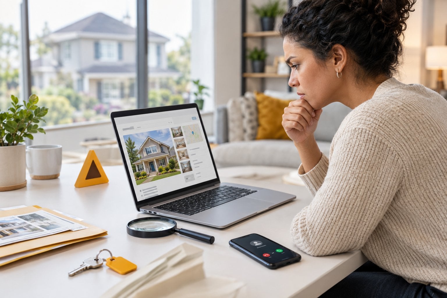 A homebuyer spots the red flags of a fake property listing while reviewing documents at a desk.