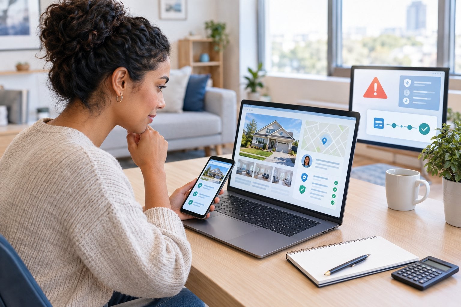 A cautious homebuyer reviews an online property listing on a laptop while checking details on a smartphone at a desk.