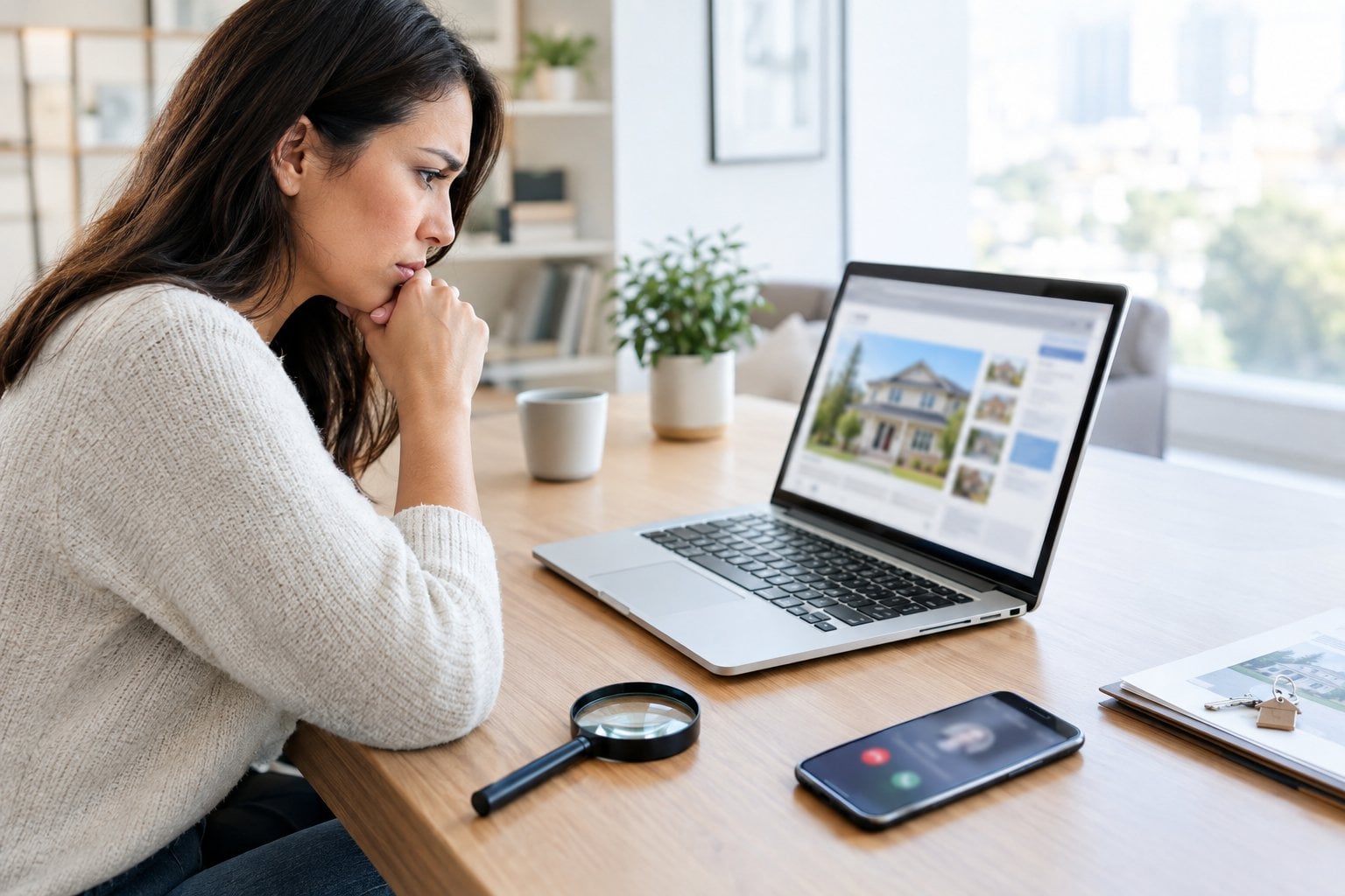 A concerned homebuyer examines an online property listing on a laptop while checking details with a magnifying glass.