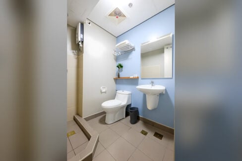 Bathroom with water heater, toilet, wall-hung sink and towel rack in the Avida Riala studio
