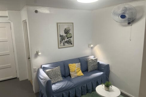 Sofa under framed botanical art, with reading lights and a wall fan