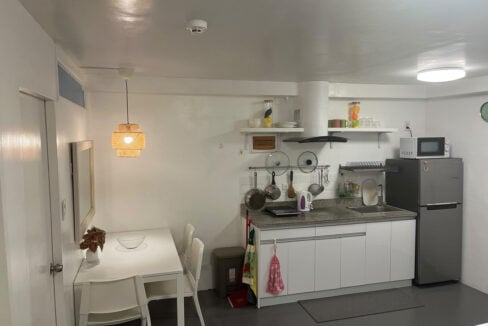 Kitchenette with a granite counter, induction cooker, range hood and two-door refrigerator