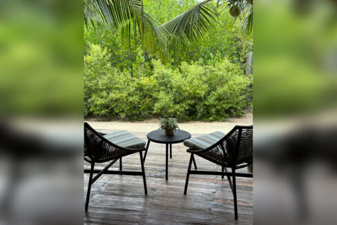 Pair of rattan chairs on a timber deck looking into the mangroves