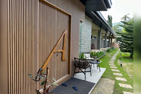 Slatted timber feature wall and rattan seating beside the garden path