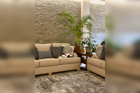 Beige sofas against a split-stone feature wall