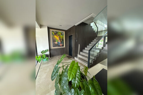 Foyer with a slatted timber wall and a staircase with glass railings