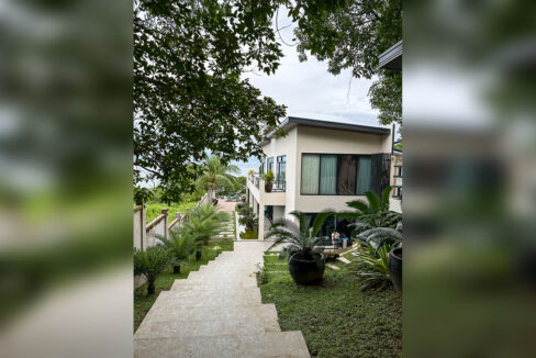 Stone stairway through the garden down to a glass-fronted villa with the sea beyond