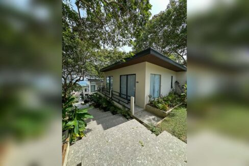Garden cottage beside terrazzo steps under mature shade trees
