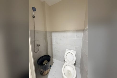 Bathroom with grey marble-look tiles, a hand shower and a toilet