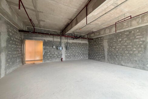 Unit entrance wall with electrical panels, sprinkler lines and a fire extinguisher