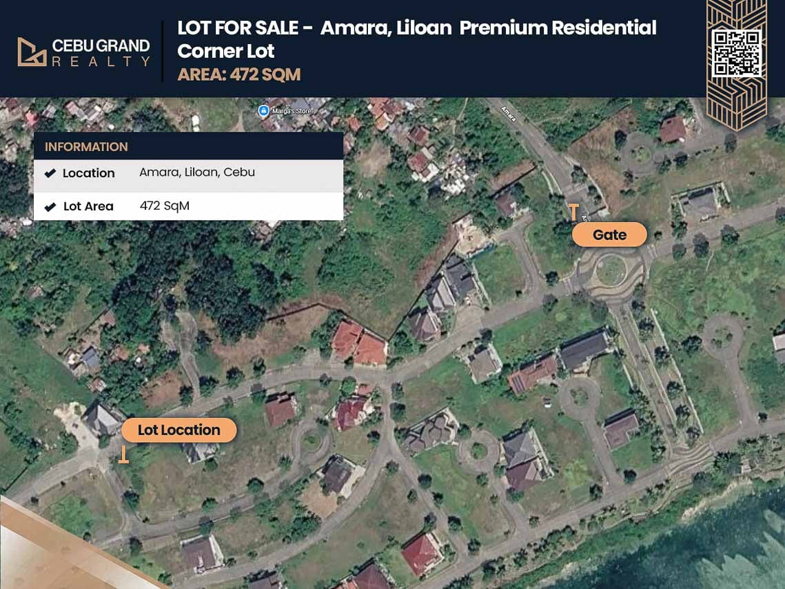 Aerial view of the 472 sqm corner lot at Amara Residences, Liloan, outlined at the junction of two roads