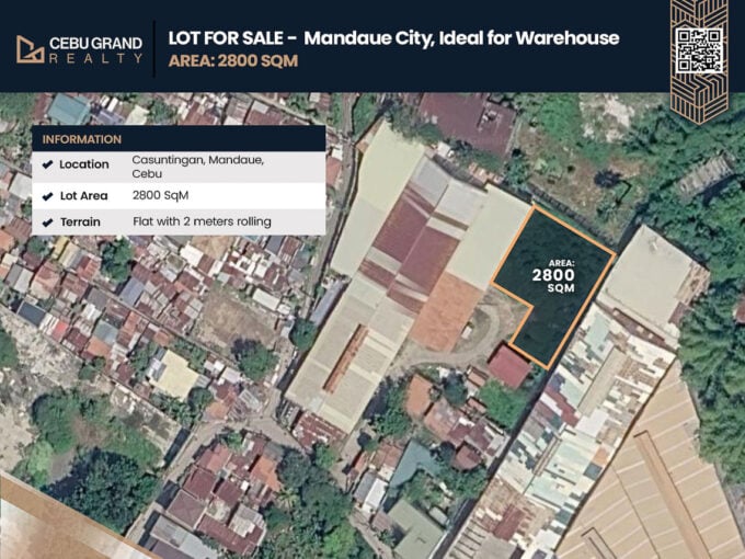 Aerial outline of the 2,800 sqm warehouse lot for sale in Casuntingan, Mandaue City, beside a factory