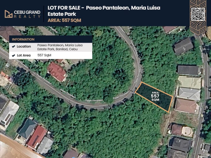Aerial view of the 557 sqm elevated lot for sale on Paseo Pantaleon, Maria Luisa Estate Park, Cebu
