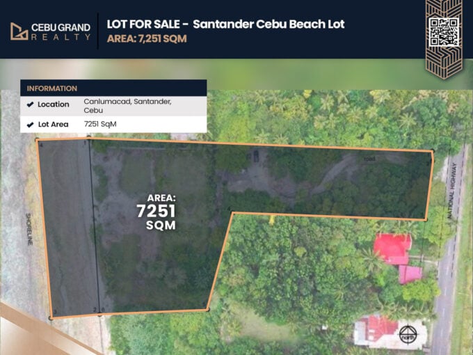 Aerial outline of the 7,251 sqm beachfront lot for sale in Santander, Cebu