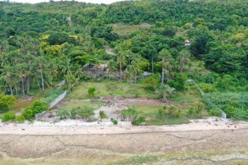 Drone view of the beachfront lot from the sea, with palms and a wooded hillside behind