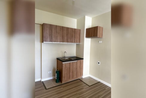 Kitchenette with wood-grain cabinets and stainless sink