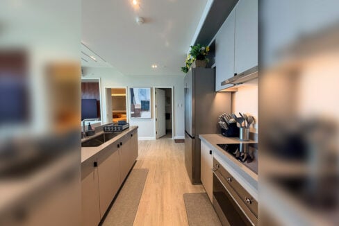 Galley kitchen with induction cooktop, built-in oven and range hood
