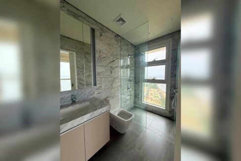 Bathroom with a marble vanity and a shower beside a full-height window
