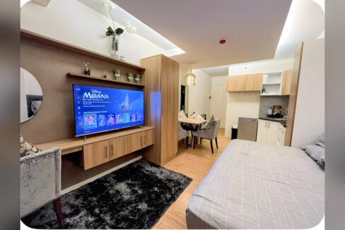 Built-in TV wall with large flat-screen TV, shag rug, dining area and kitchenette in the Avida Tower 1 studio