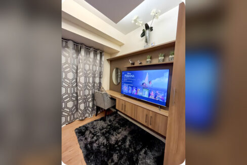 TV wall and desk corner with patterned curtains and black shag rug