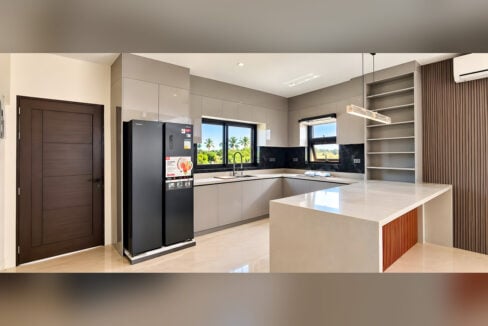 Kitchen with quartz peninsula, black backsplash, open shelving and garden-view windows