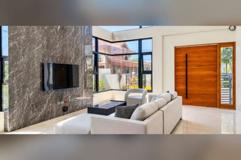 Living room with grey marble feature wall, wall-mounted TV and wood pivot front door