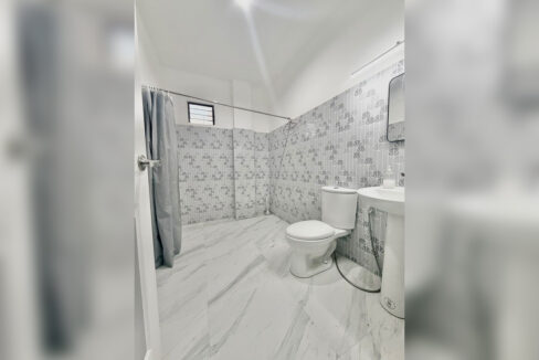 Bathroom with grey mosaic wall tiles and a shower curtain
